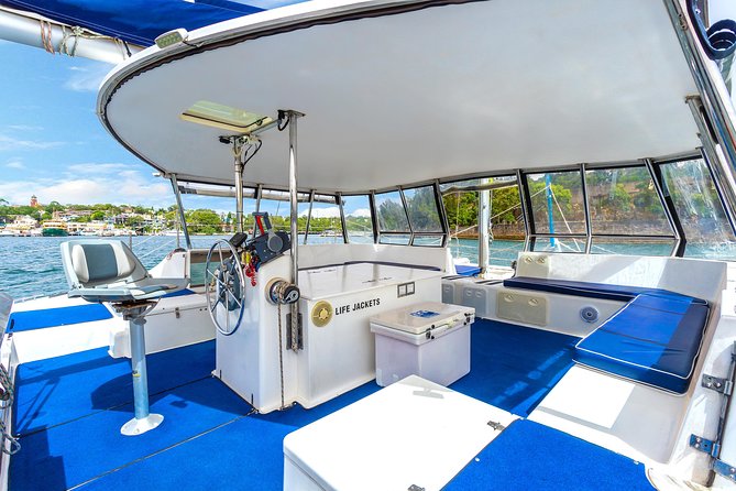 Private Catamaran Hire on Sydney Harbour - Your boat setup: toilet, swim ladder, speakers, and a galley